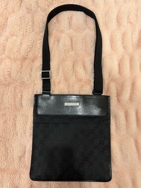 Gucci GG Monogram Crossbody Bag Black Canvas Leather Trim